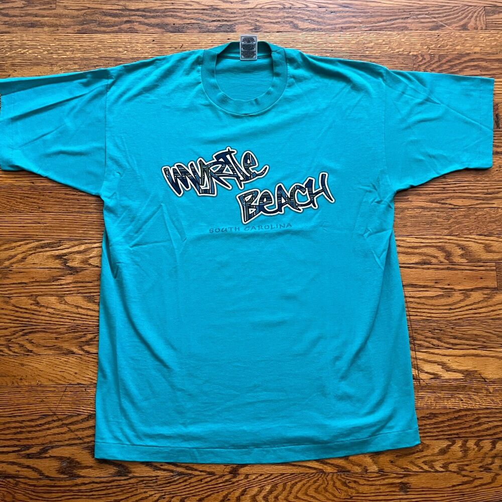 Vtg Myrtle Beach SC Teal Embroidered Graffiti Fruit Of The Loom Best T Shirt XL